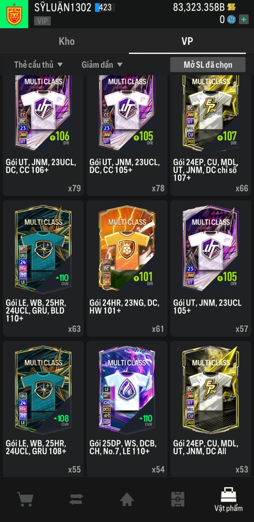 Ảnh ACC mở thẻ (LOẠI SVIP PROMAX) bao gồm có 01 thẻ +12, 03 thẻ PRIME (QH+, CP+, XS+) và hơn 1600+ đến 3500+ thẻ cầu thủ từ Siêu sao đến Miền núi các loại. Acc có sẵn BP trắng từ 55.000 tỷ BP đến 90.000 tỷ BP